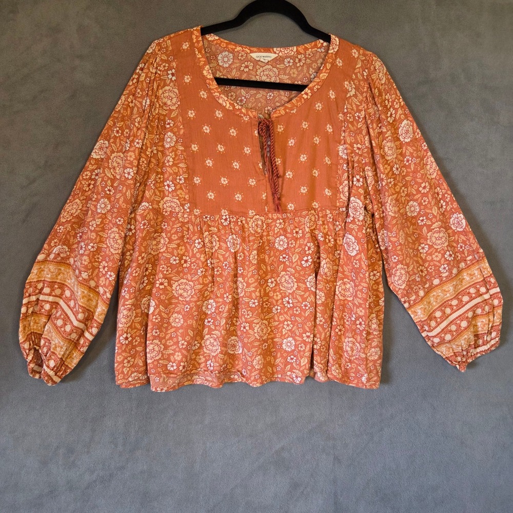 Lucky Brand Peasant Floral Top Women Large Boho Balloon Sleeve Cottage Hippie